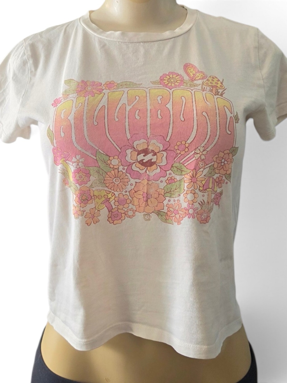 Billabong White Crop Tee with Pink Floral Graphic Cotton Graphic M